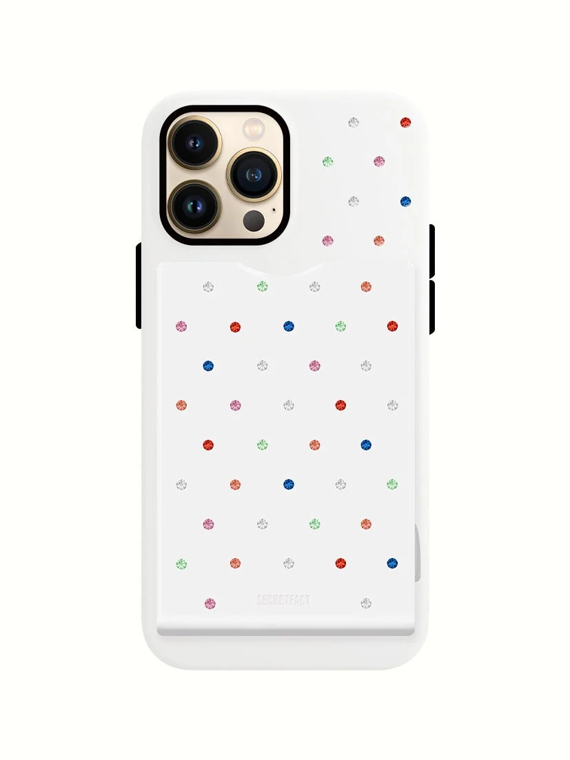 カラフルなラインストーンが散りばめられた白いiPhoneケース