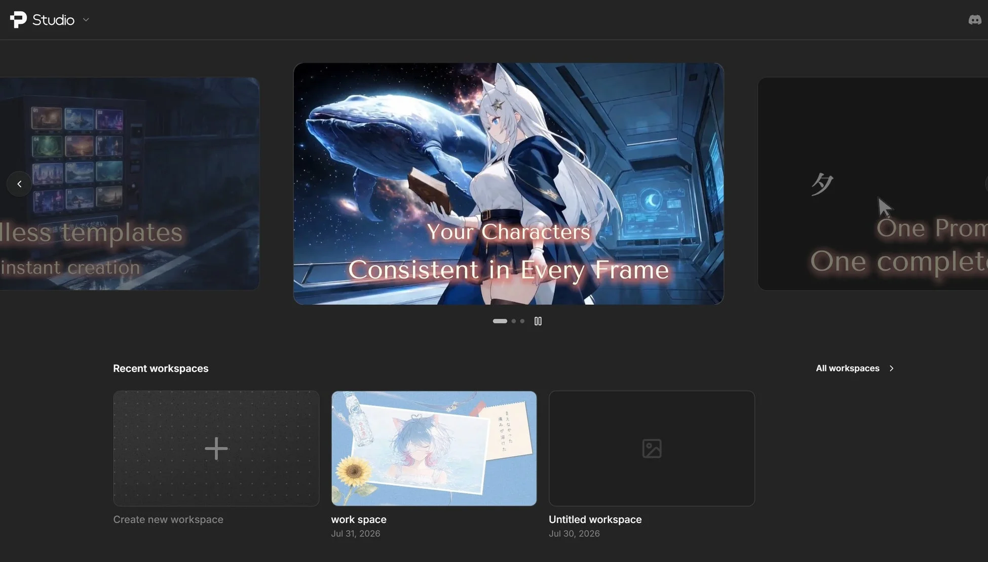 ダークテーマのデジタルクリエイティブツールのUIが表示されています。アニメキャラクターが特徴的なメインバナーで「Your Characters Consistent in Every Frame」と宣伝されており、豊富なテンプレートやワークスペース機能が示されています。
