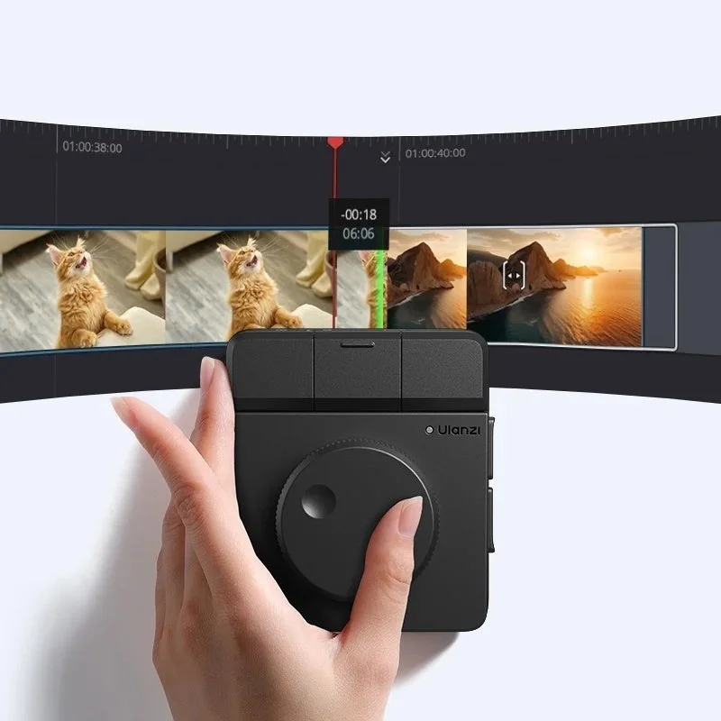 Ulanzi製のコントローラーを使ってビデオ編集ソフトのタイムラインを操作している画像です。猫の映像や美しい風景のクリップが並び、クリエイティブな作業風景が描かれています。